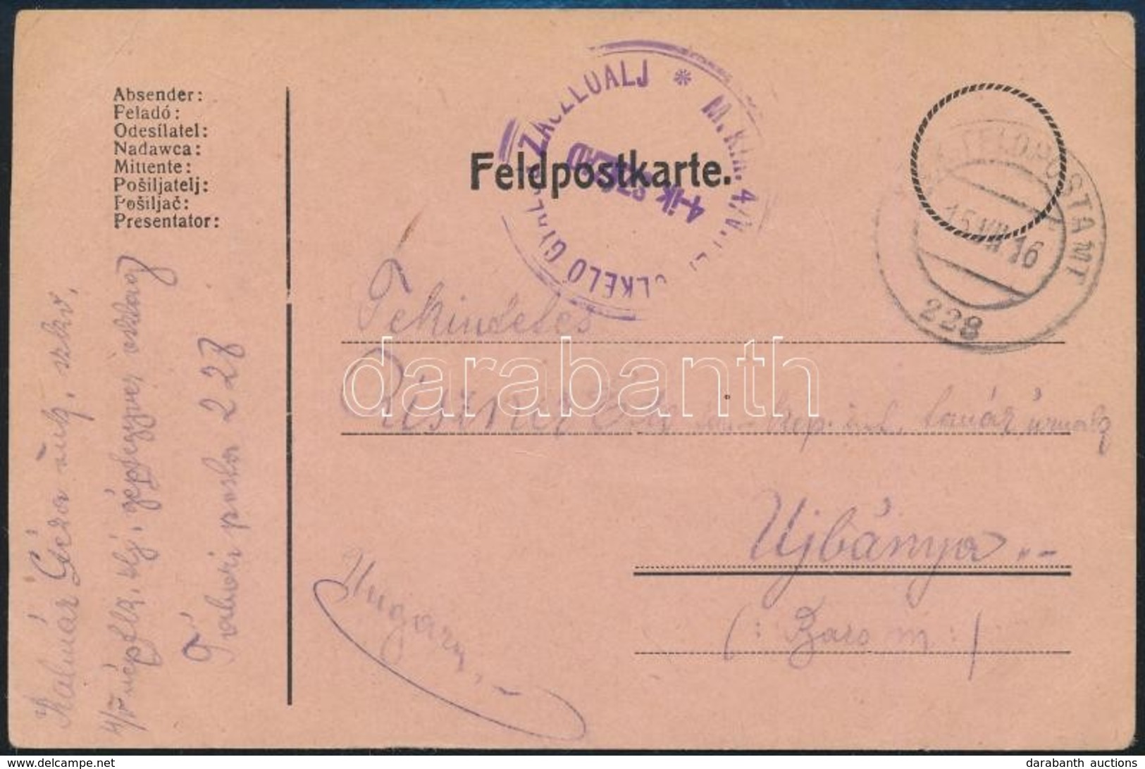 1916 Tábori Posta Levelezőlap 'M.kir. 4/V NÉPFÖLKELŐ ZÁSZLÓALJ 4-IK SZÁZAD' + 'FP 228' - Otros & Sin Clasificación