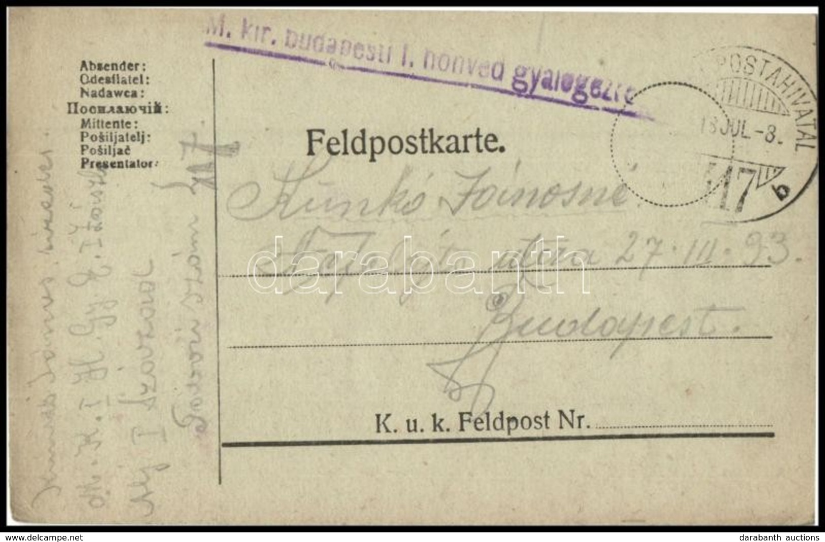 1918 Tábori Posta Levelezőlap 'M.kir. Budapesti  I. Honvéd Gyalogezred' + 'TP 417 B' - Other & Unclassified