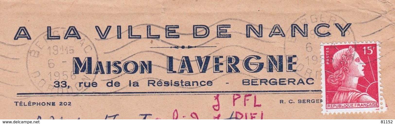 " A LA VILLE DE NANCY Maison LAVERGNE "  Sur Enveloppe PUB   De 24 BERGERAC Dordogne   Postée En 1956 Omec R.B.V. - Autres & Non Classés