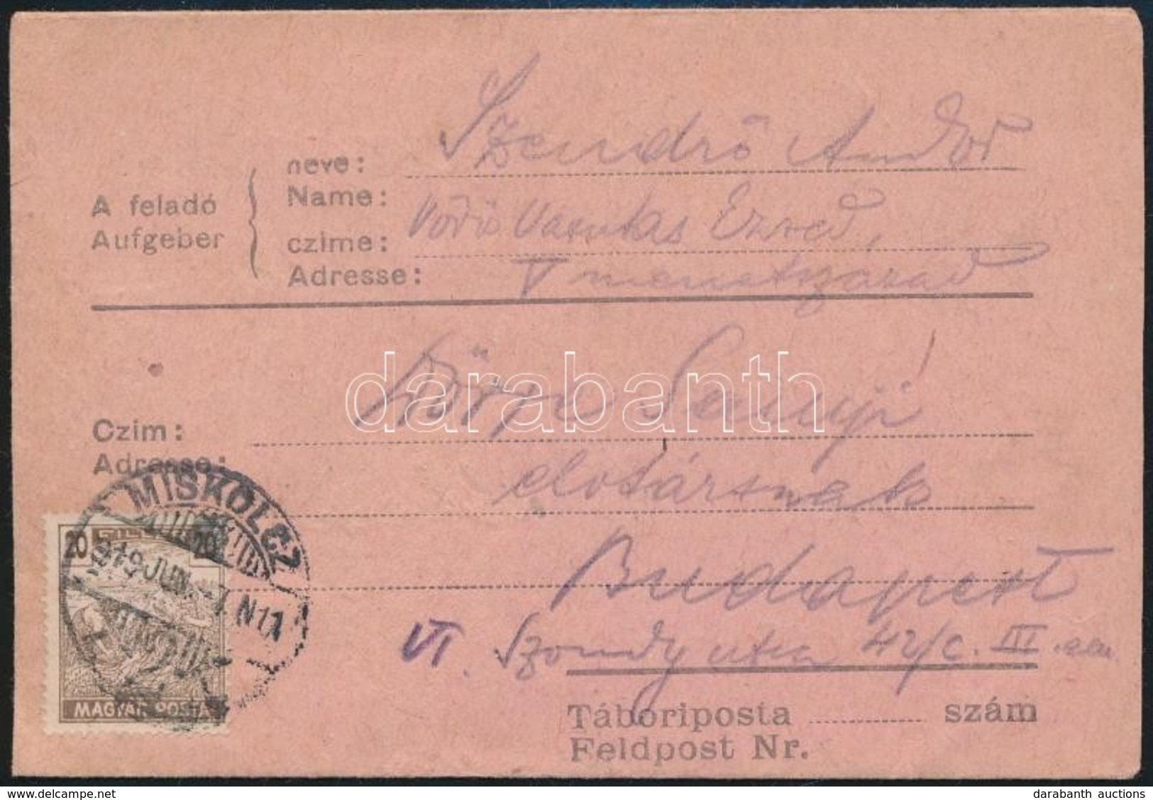 1919 Tábori Posta Levél 20f Bérmentesítéssel A  Vörös Vasutas Ezred Katonájától - Other & Unclassified