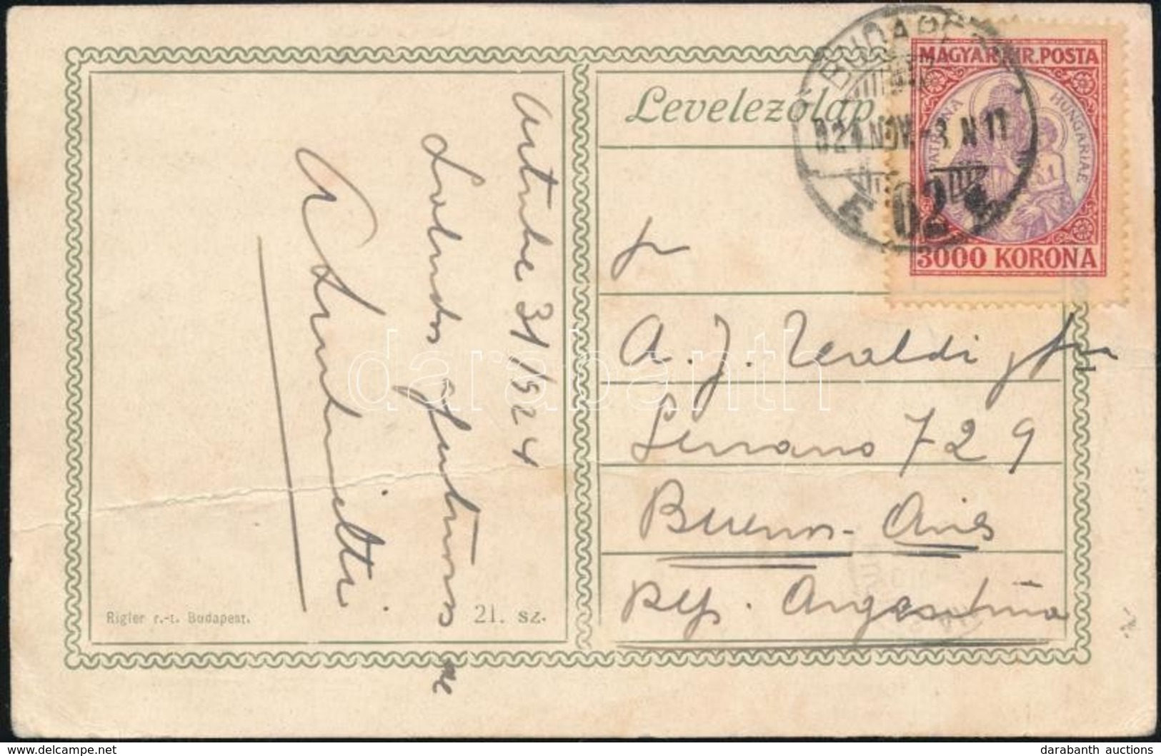 1924 Képeslap 3000K Bérmentesítéssel (díjszabás: 1924.06.01-1925.09.30) Argentínába Küldve, Halvány 'BUENOS AIRES' érkez - Sonstige & Ohne Zuordnung