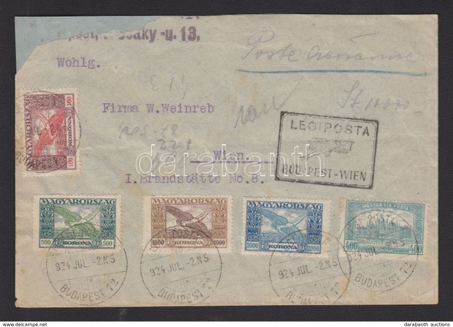 1924 (14.díjszabás) Légi Levél Bécsbe Parlament Madonna és Ikarusz Bélyegekkel Bérmentesítve. / Airmail Core To Vienna F - Other & Unclassified