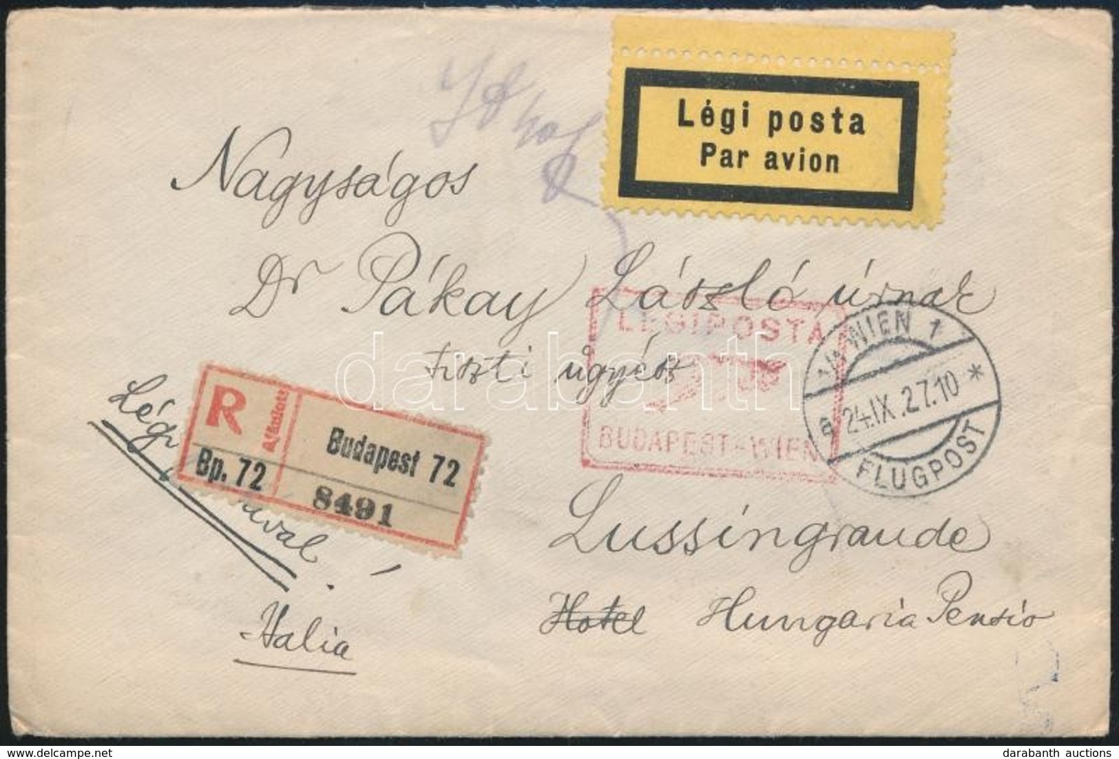 1927 Légi Levél Bécsen Keresztül Olaszországba - Sonstige & Ohne Zuordnung