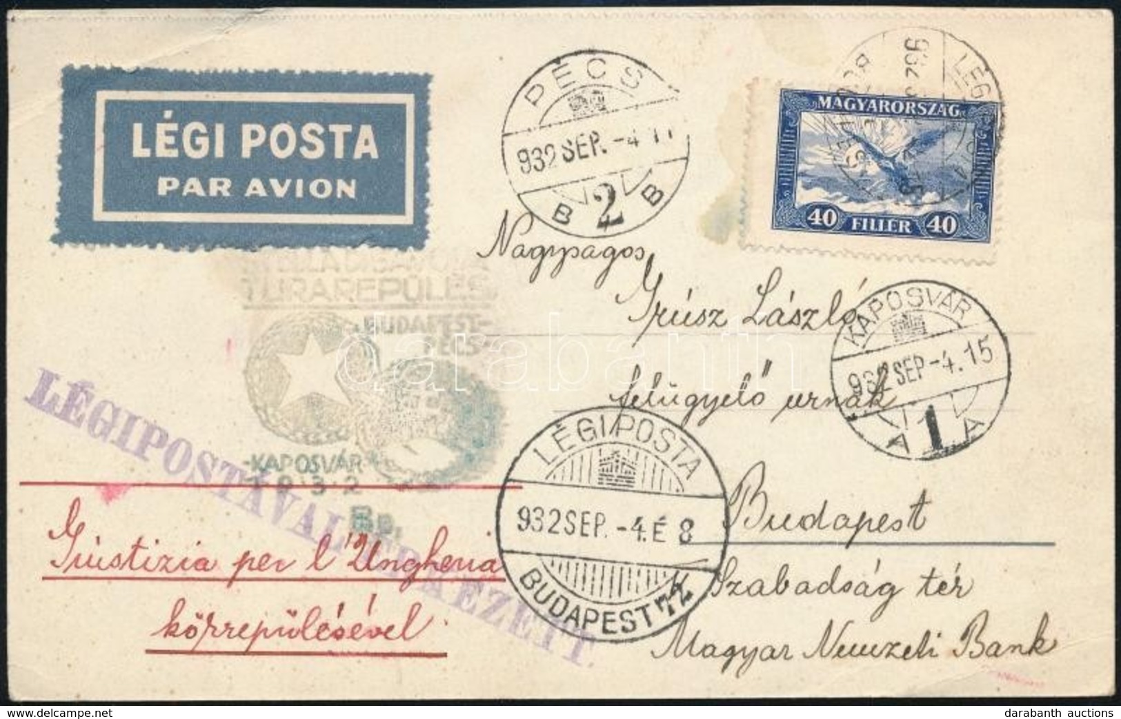 1932 Alkalmi Légi Levelezőlap Budapest-Pécs-Kaposvár Repülés - Other & Unclassified