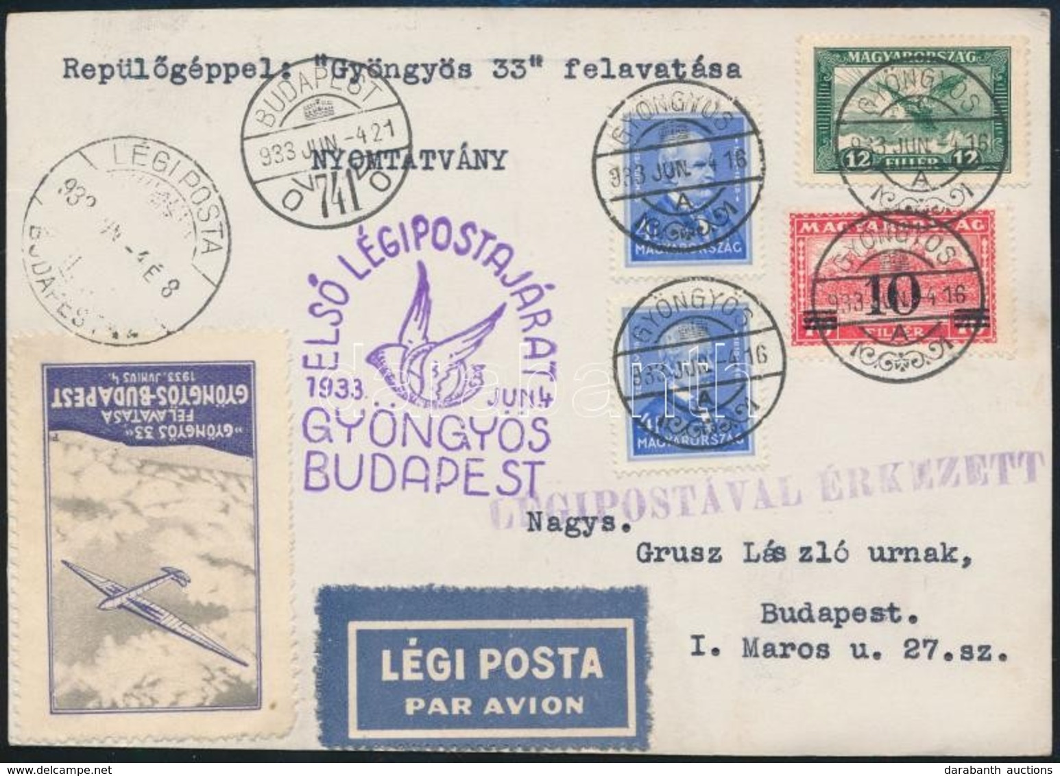 1933 Alkalmi Légi Levelezőlap Gyöngyösről Budapestre - Other & Unclassified