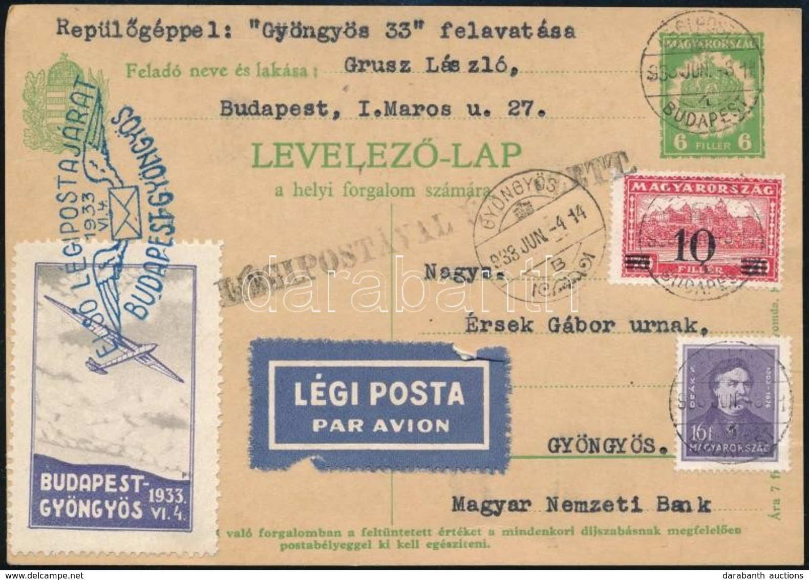 1933 Budapest-Gyöngyös Alkalmi Légi Levelezőlap - Sonstige & Ohne Zuordnung