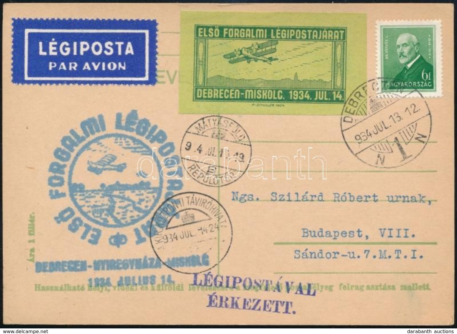 1934 Debrecen-Nyíregyháza-Miskolc Alkalmi Légi Levelezőlap - Sonstige & Ohne Zuordnung