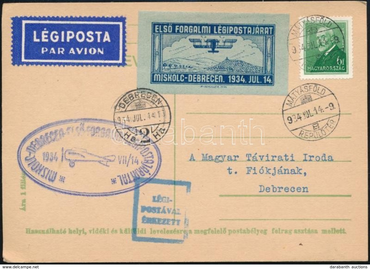 1934 Miskolc-Debrecen Alkalmi Légi Levelezőlap - Sonstige & Ohne Zuordnung