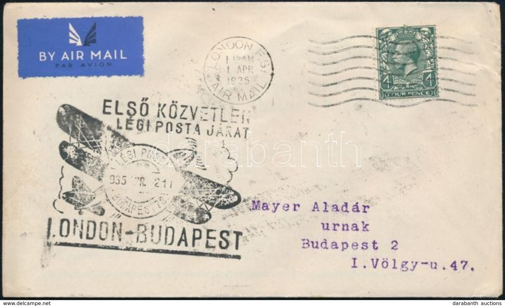 1935 London-Budapest Első Közvetlen Légiposta Levél - Other & Unclassified