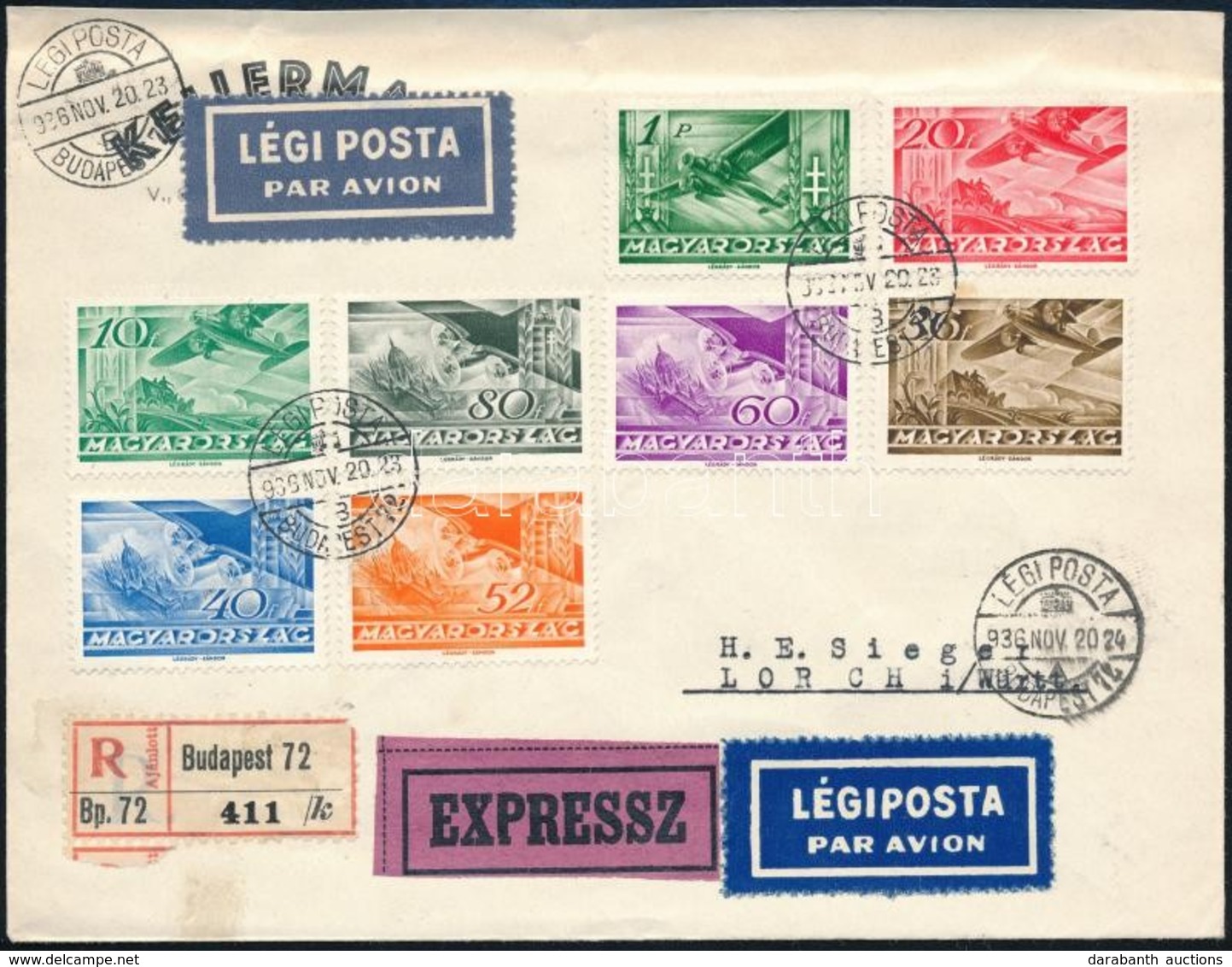 1936 Ajánlott, Expressz, Légi Levél 8 Klf Repülő III. Bélyeggel Bérmentesítve - Other & Unclassified