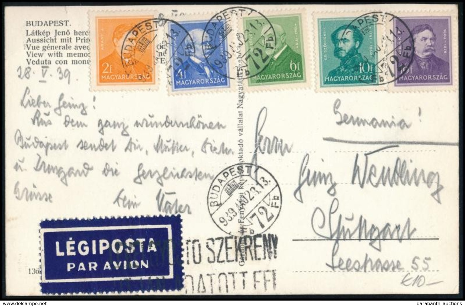 1939 Légi Képeslap Stuttgartba / Airmail Postcard To Stuttgart - Other & Unclassified
