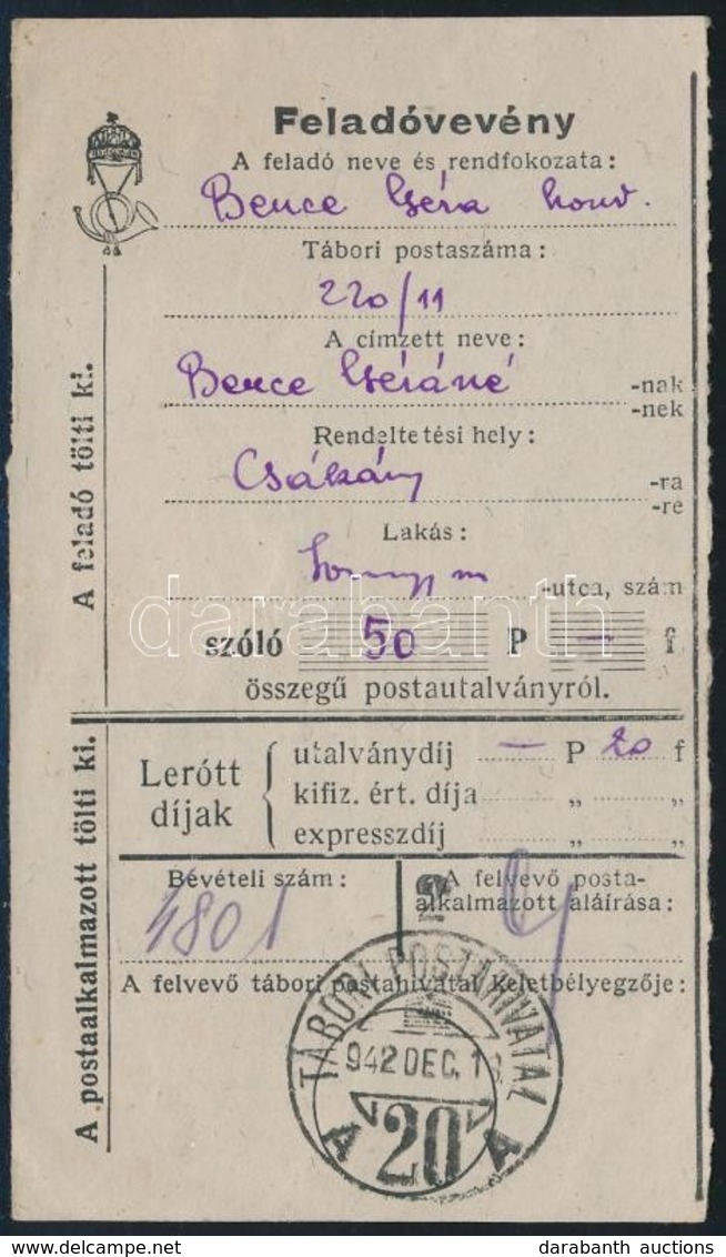 1942 Tábori Posta Pénzes Feladóvevény - Other & Unclassified