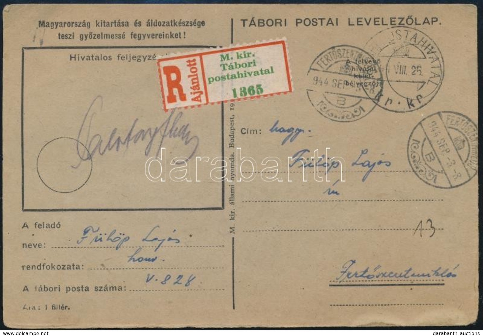 1944 Ajánlott Tábori Posta Levelezőlap - Sonstige & Ohne Zuordnung