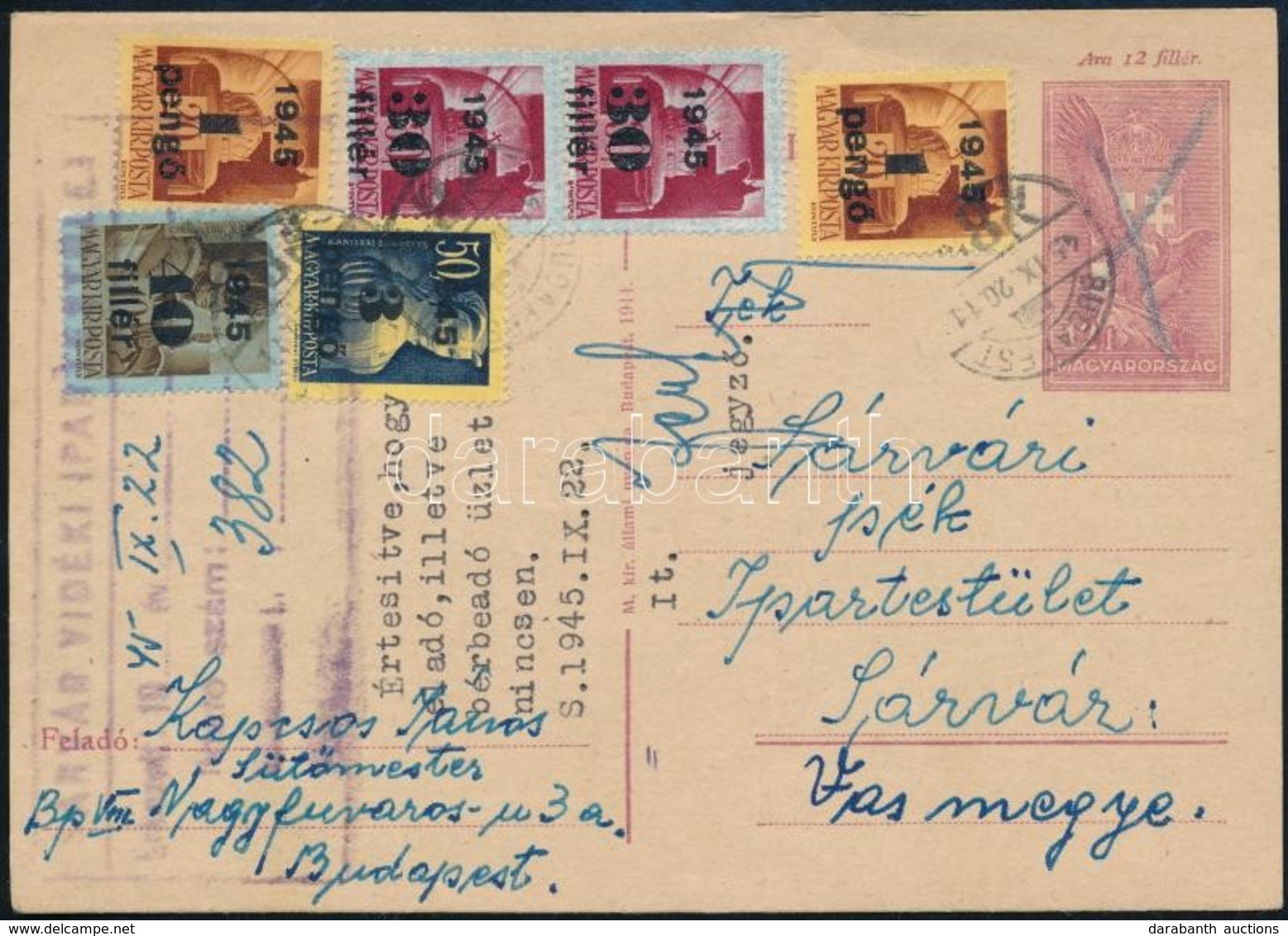 1945 (3. Díjszabás) Díjkiegészített Díjjegyes Levelezőlap - Sonstige & Ohne Zuordnung