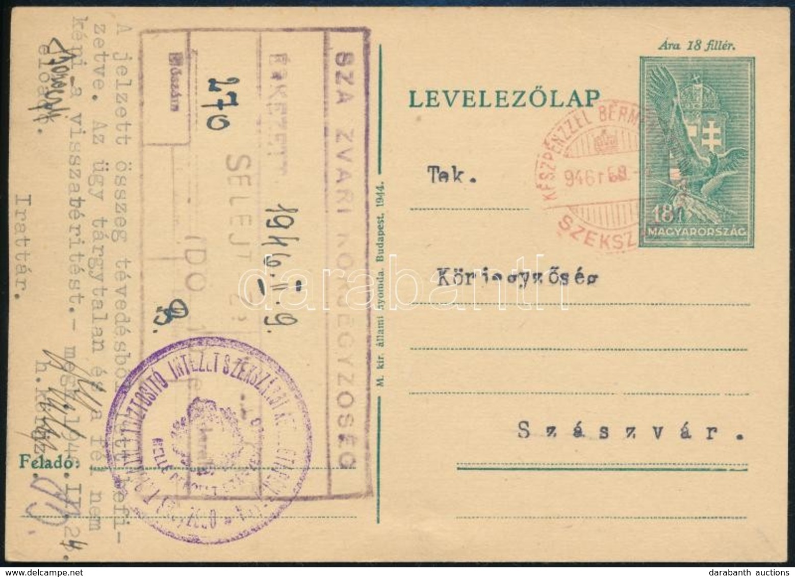 1946 (7. Díjszabás) Díjjegyes Levelezőlap Készpénzes Bérmentesítéssel - Other & Unclassified