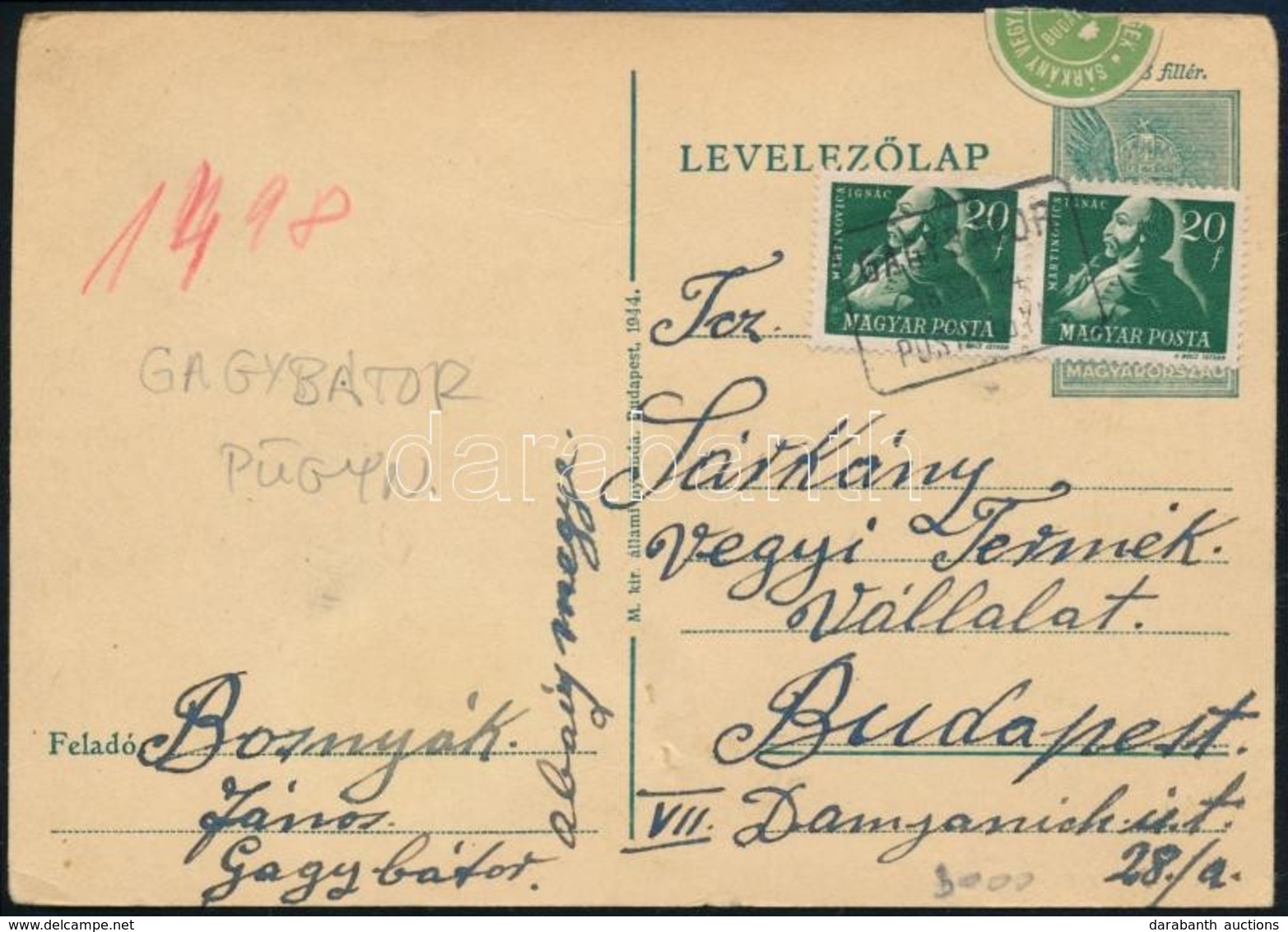 1948 Levelezőlap GAGYBÁTOR Postaügynökségi Bélyegzéssel - Other & Unclassified