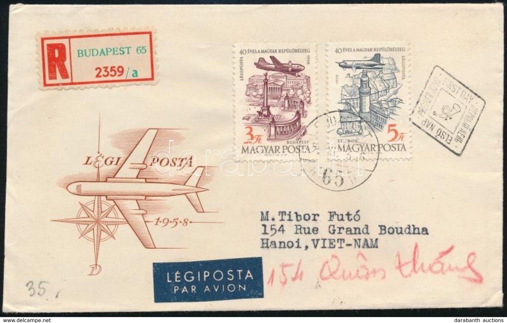 1958 40 éves A Magyar Repülőbélyeg Ajánlott Légi FDC Vietnamba - Sonstige & Ohne Zuordnung