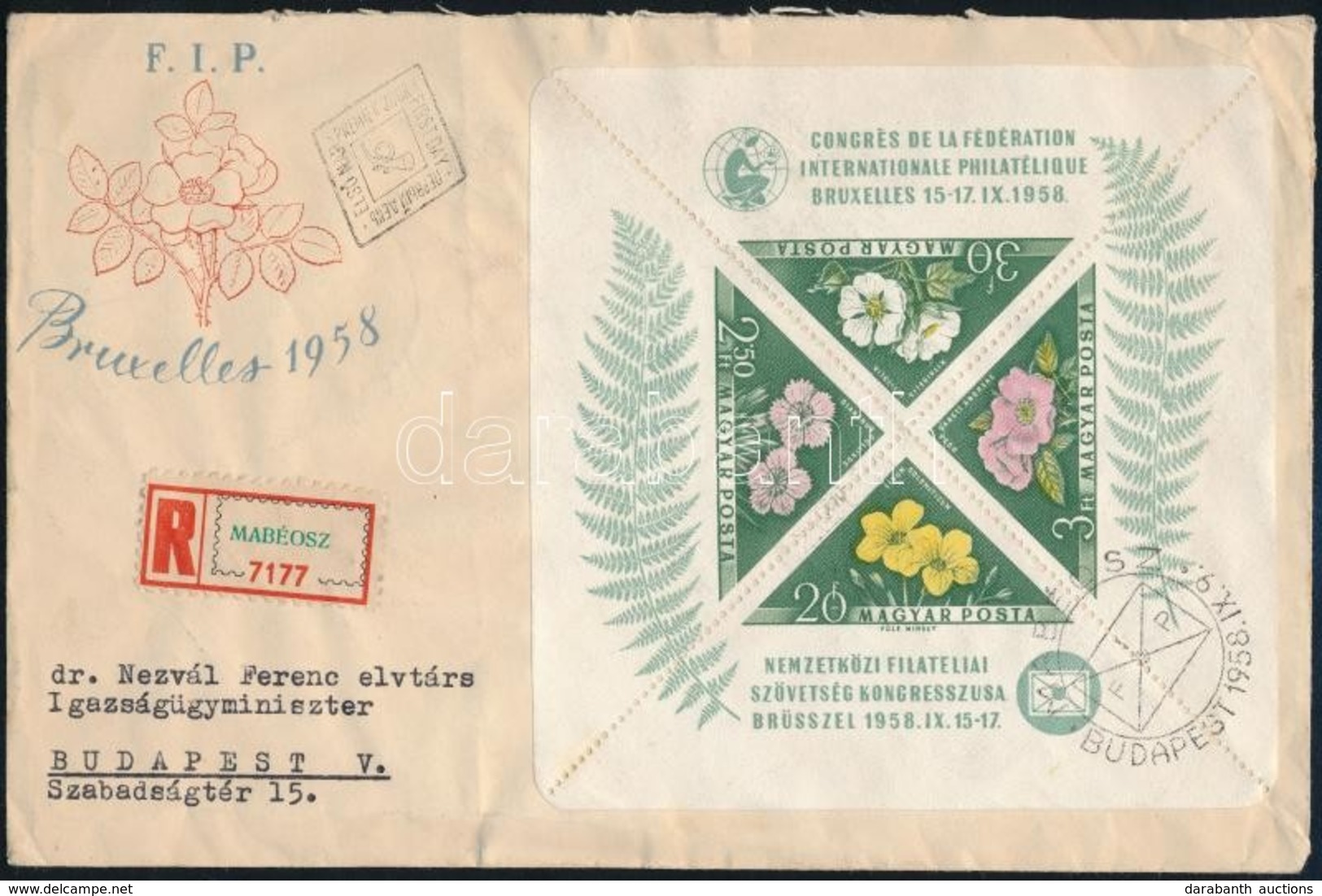 1958 FIP (I.) - Virág (I.) Blokk Ajánlott Levélen Nezvál Ferenc Igazságügyminiszternek (8.500) - Other & Unclassified