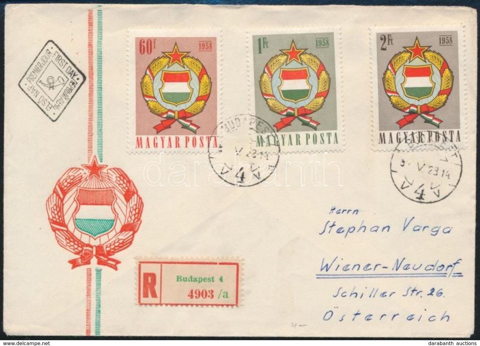 1958 Népköztársasági Címer Sor Ajánlott FDC Ausztriába - Other & Unclassified