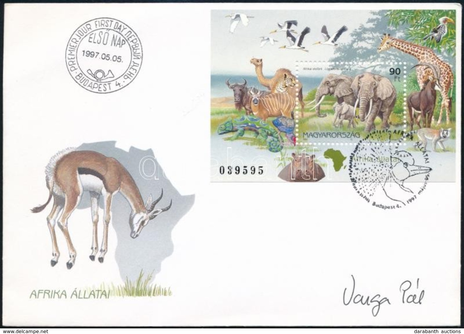 1997 Földrészek állatai Afrika Blokk FDC-n, A Tervező Varga Pál Aláírásával - Sonstige & Ohne Zuordnung