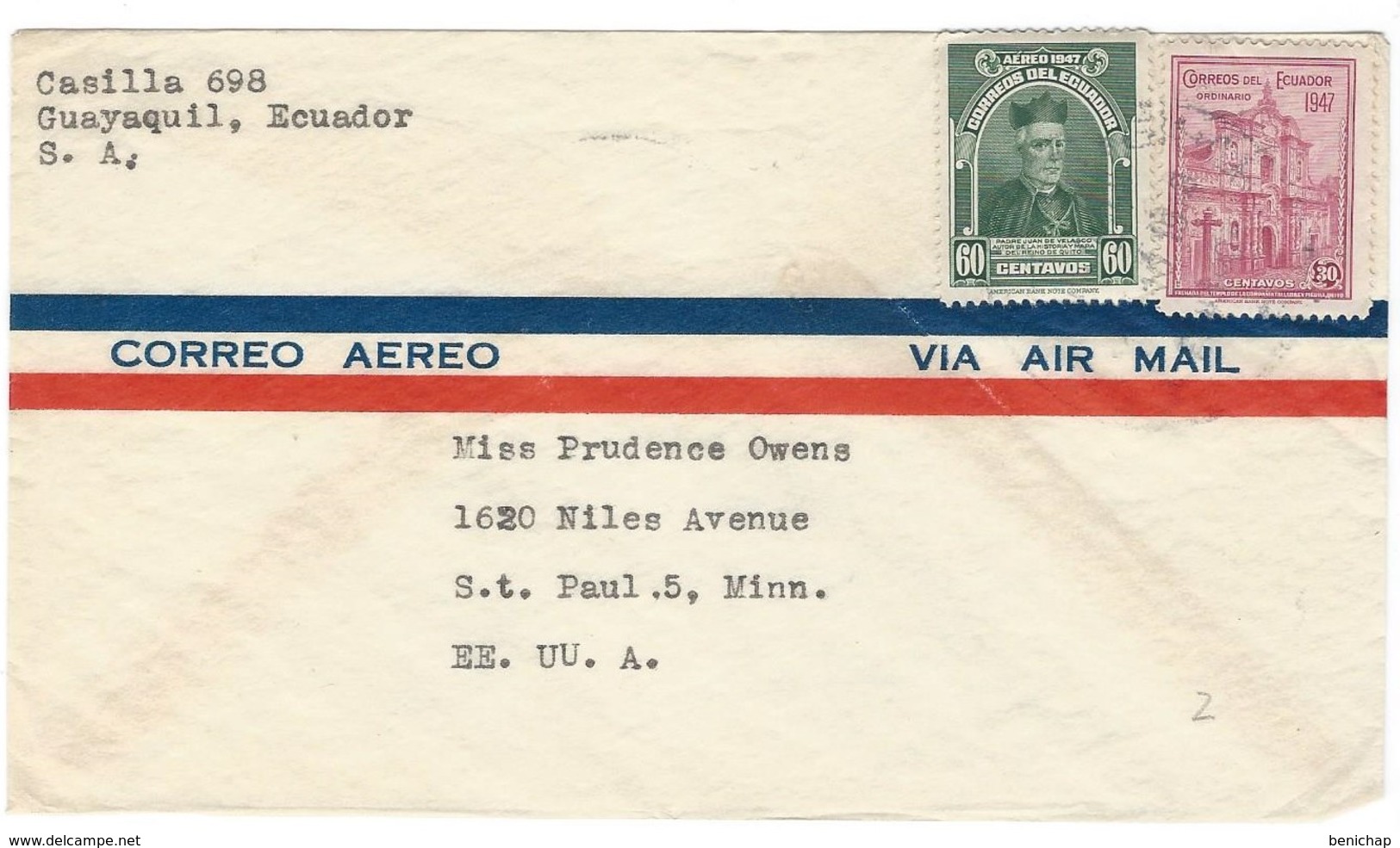 COVER CORREO ECUADOR - VIA AIR MAIL- GUAYAQUIL - ST-PAUL- MINNESOTA - Ecuador