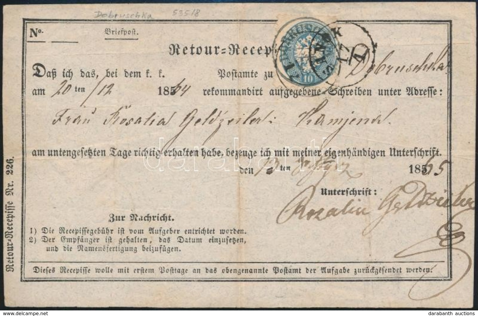 1865 Tértivevényen 10kr + A Hátoldalon Félbe Tépett 5kr 'DOBRUSCHKA' + 'SANOK' - Sonstige & Ohne Zuordnung