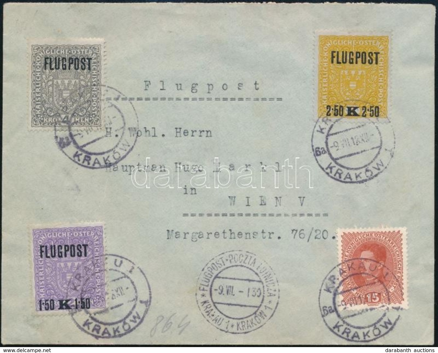 1918.07.09. Légi Levél Krakkóból Bécsbe /   Mi 225-227 On Airmail Cover From Krakow To Vienna - Sonstige & Ohne Zuordnung