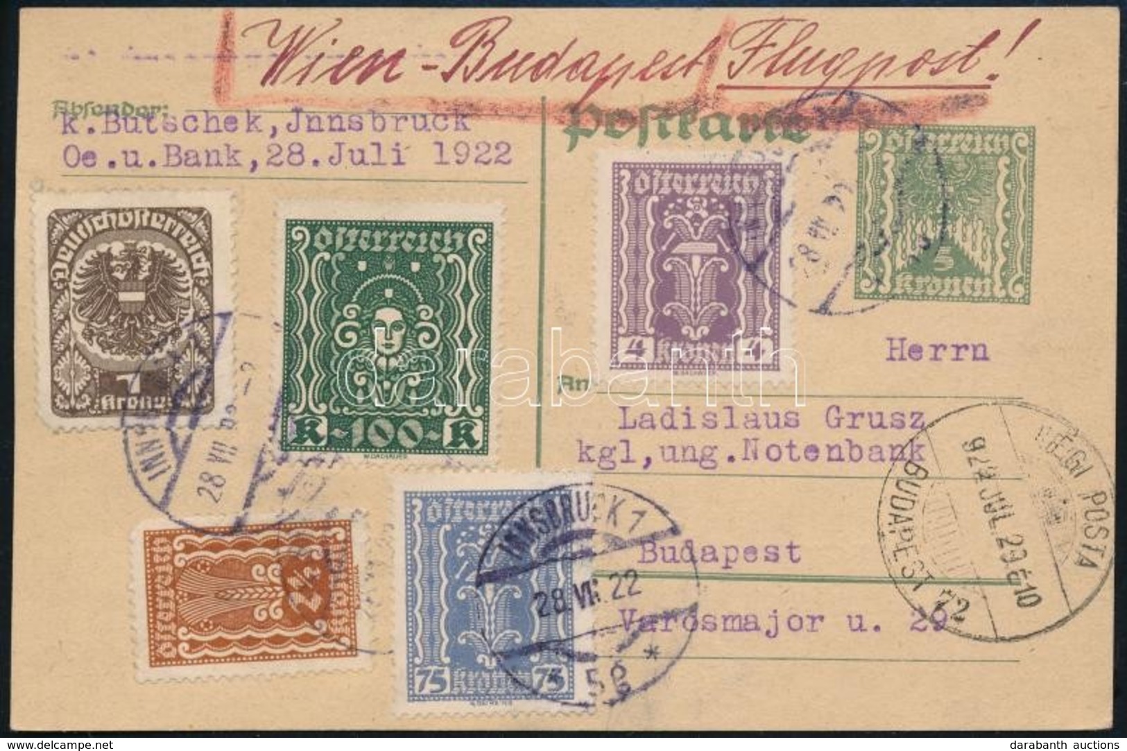 1922 Légi Levelezőlap Bécsből Budapestre - Sonstige & Ohne Zuordnung