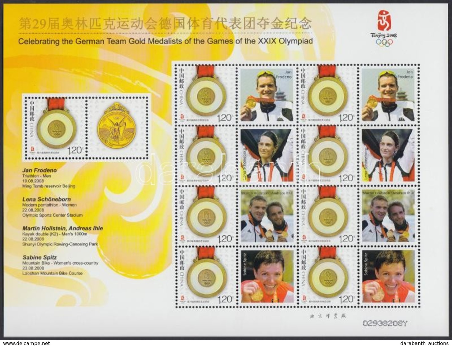** 2008 Pekingi Olimpia Német Aranyérmes Csapat Megszemélyesített Sárga Kisív Mi 3992A - Sonstige & Ohne Zuordnung