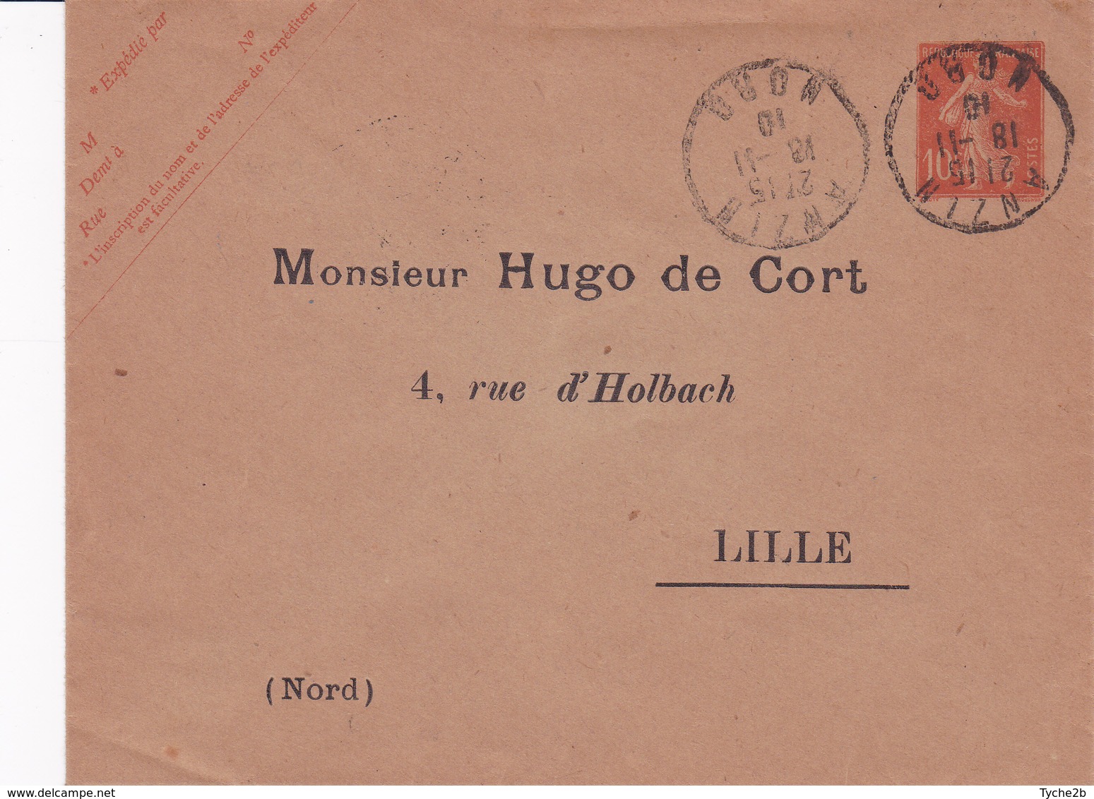Enveloppe Semeuse Camée 10 C Rouge  E 14 Oblitérée Repiquage Hugo De Cort - Umschläge Mit Aufdruck (vor 1995)