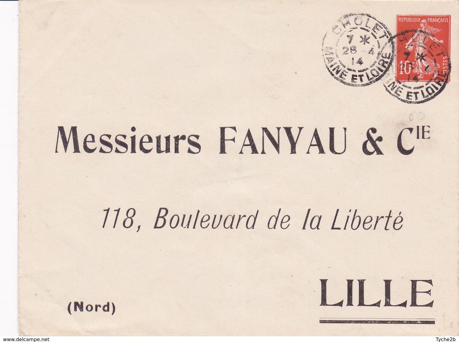 Enveloppe Semeuse Camée 10 C Rouge  E 17 Oblitérée Repiquage Fanyau - Buste Ristampe (ante 1955)