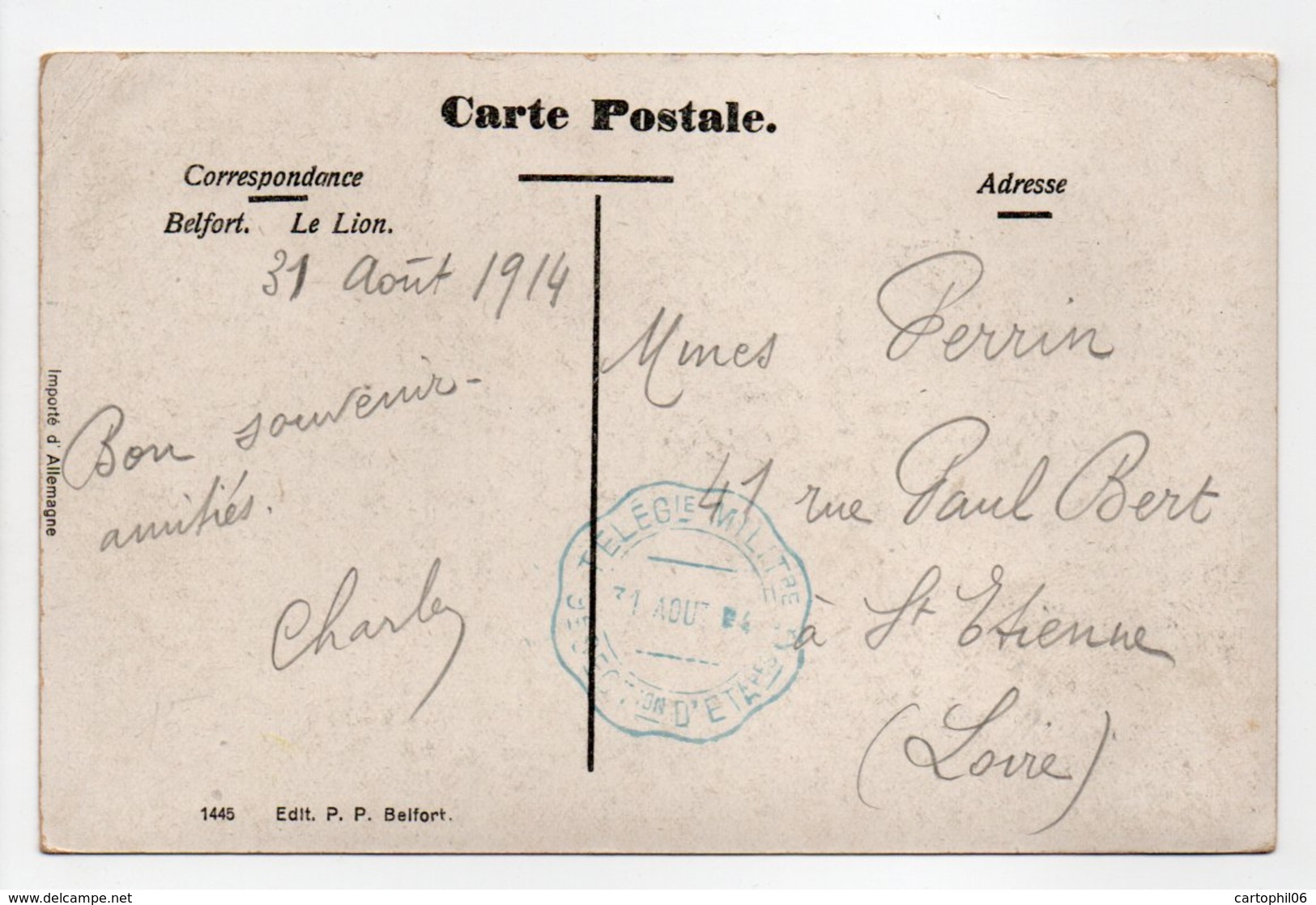 - Carte Postale BELFORT Pour SAINT-ETIENNE 31 AOUT 1914 - Cachet TÉLÉGRAPHIE MILITAIRE - - Cachets Militaires A Partir De 1900 (hors Guerres)