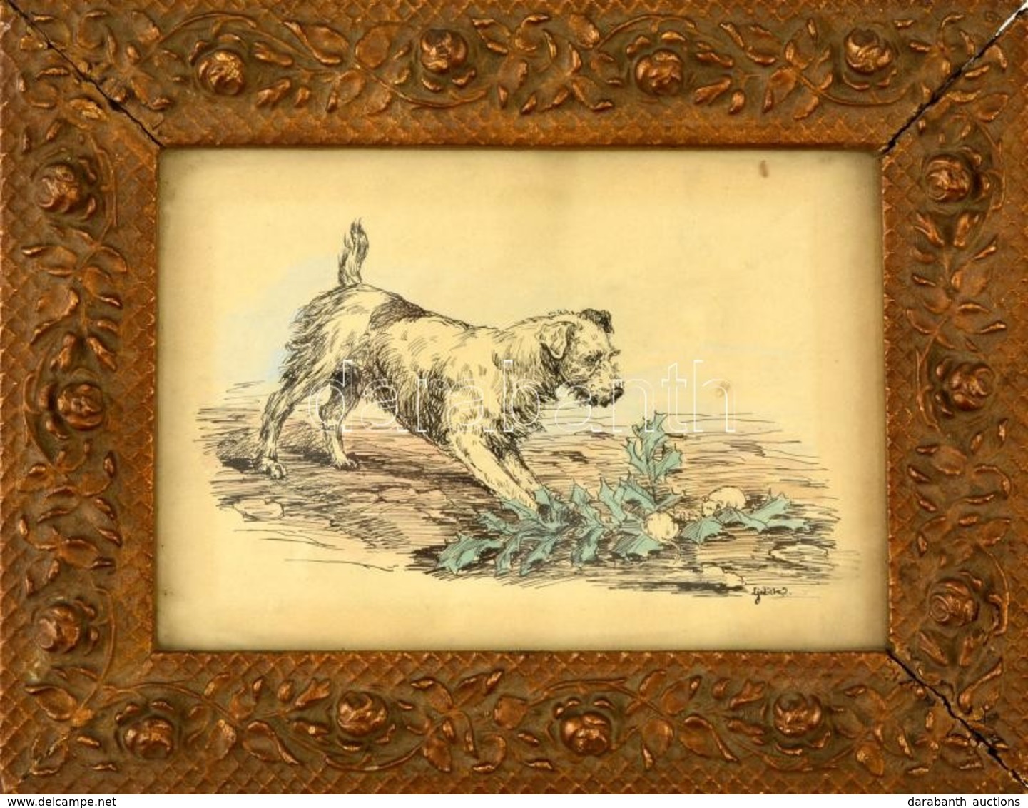 Ljubik Jelzéssel: Figyelő Terrier Karton,tus-akvarell,papír,üvegezett Hibás Keretben, 11x16,5 Cm - Other & Unclassified