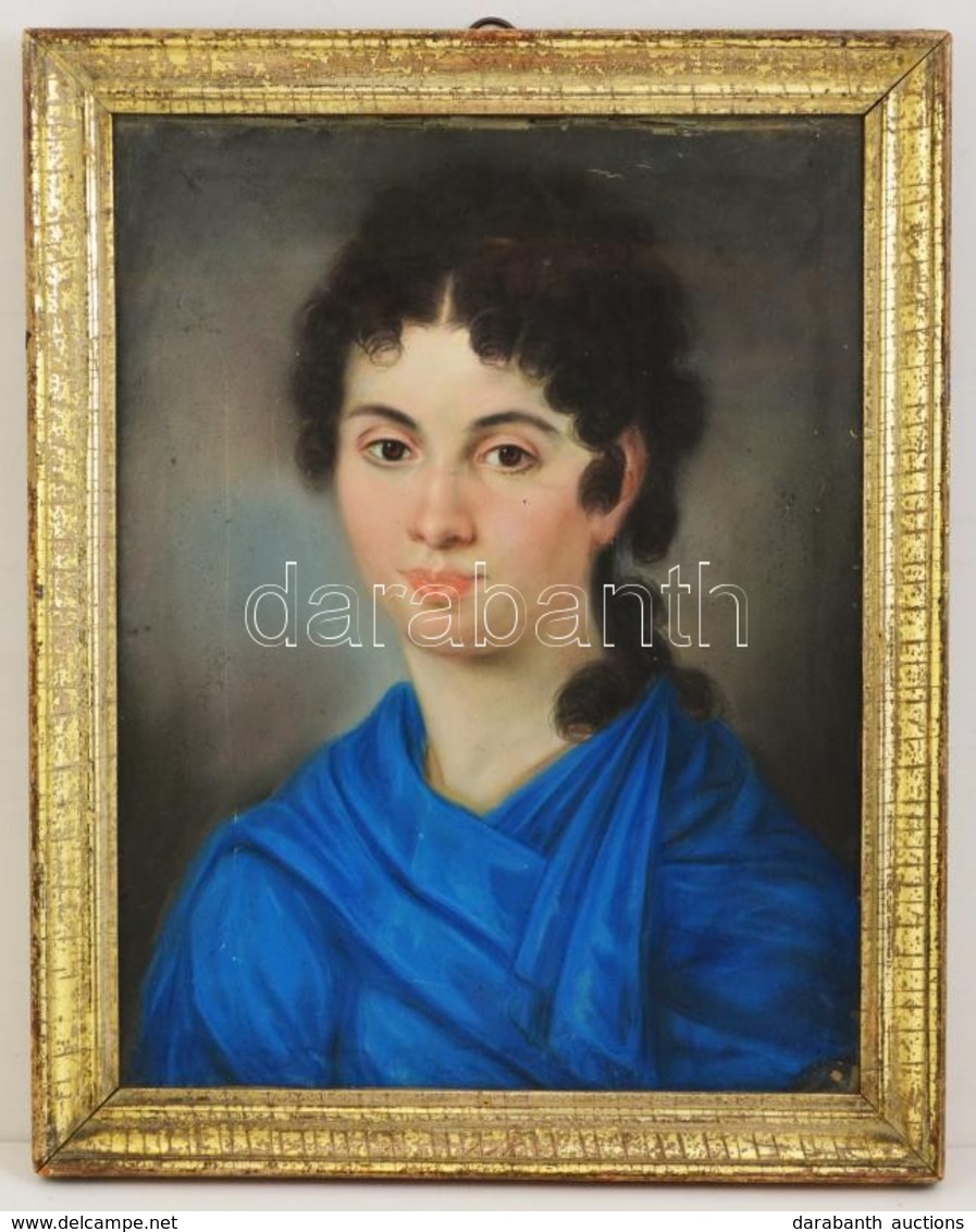 Cca 1860 Jelzés Nélkül: Kék Köpenyes Lány. Pasztell, Papír, Szakadással, üvegezett Keretben, 47×37 Cm - Other & Unclassified