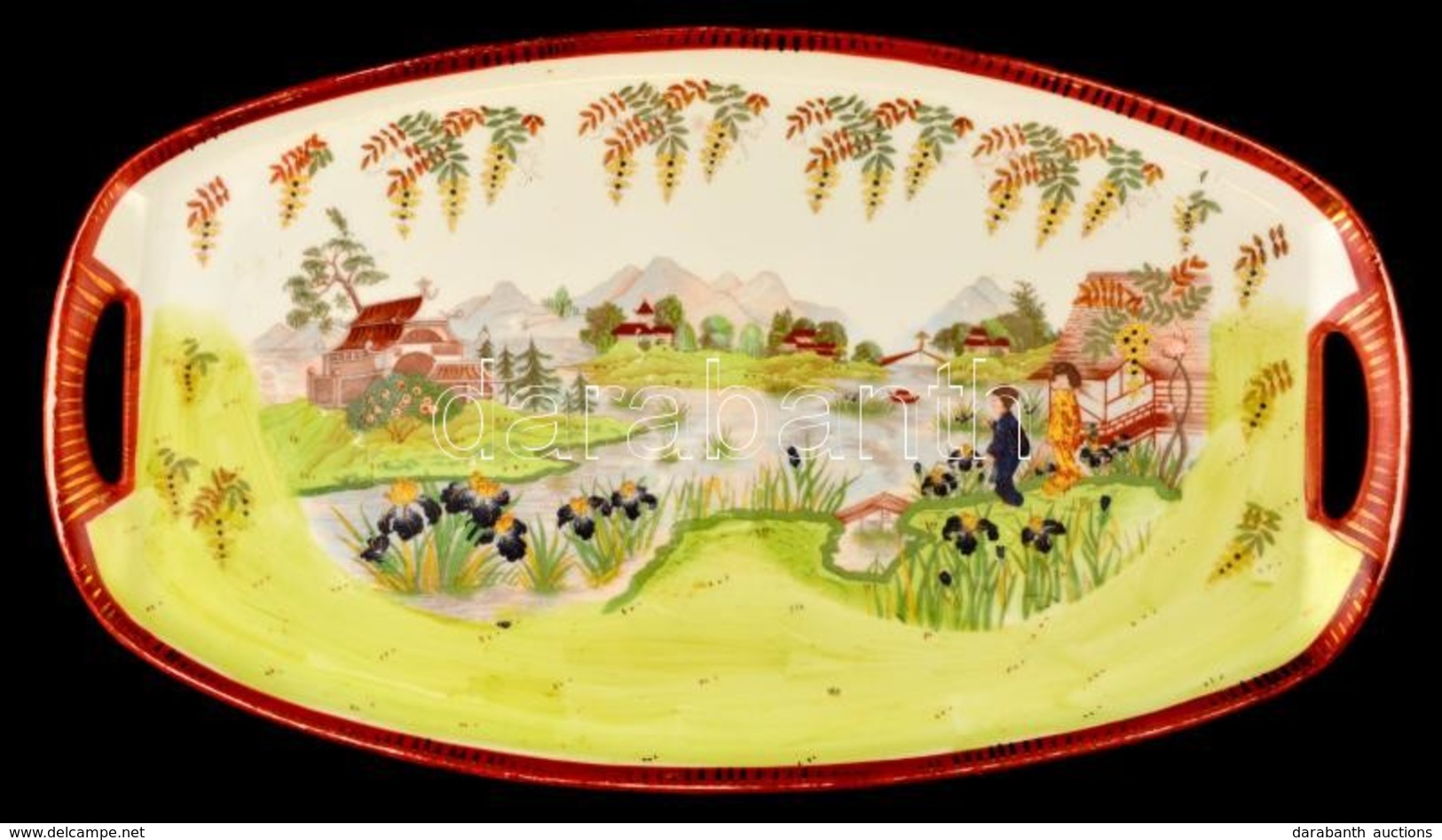 Kínai Porcelán Tál, Részben Kézzel Festett, Jelzett, Kopásnyomokkal, 48×27 Cm - Other & Unclassified