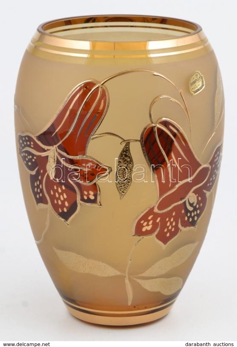 Cseh, Festett, Aranyozott Kristály Váza, Eredeti Dobozában M: 20 Cm - Glas & Kristall