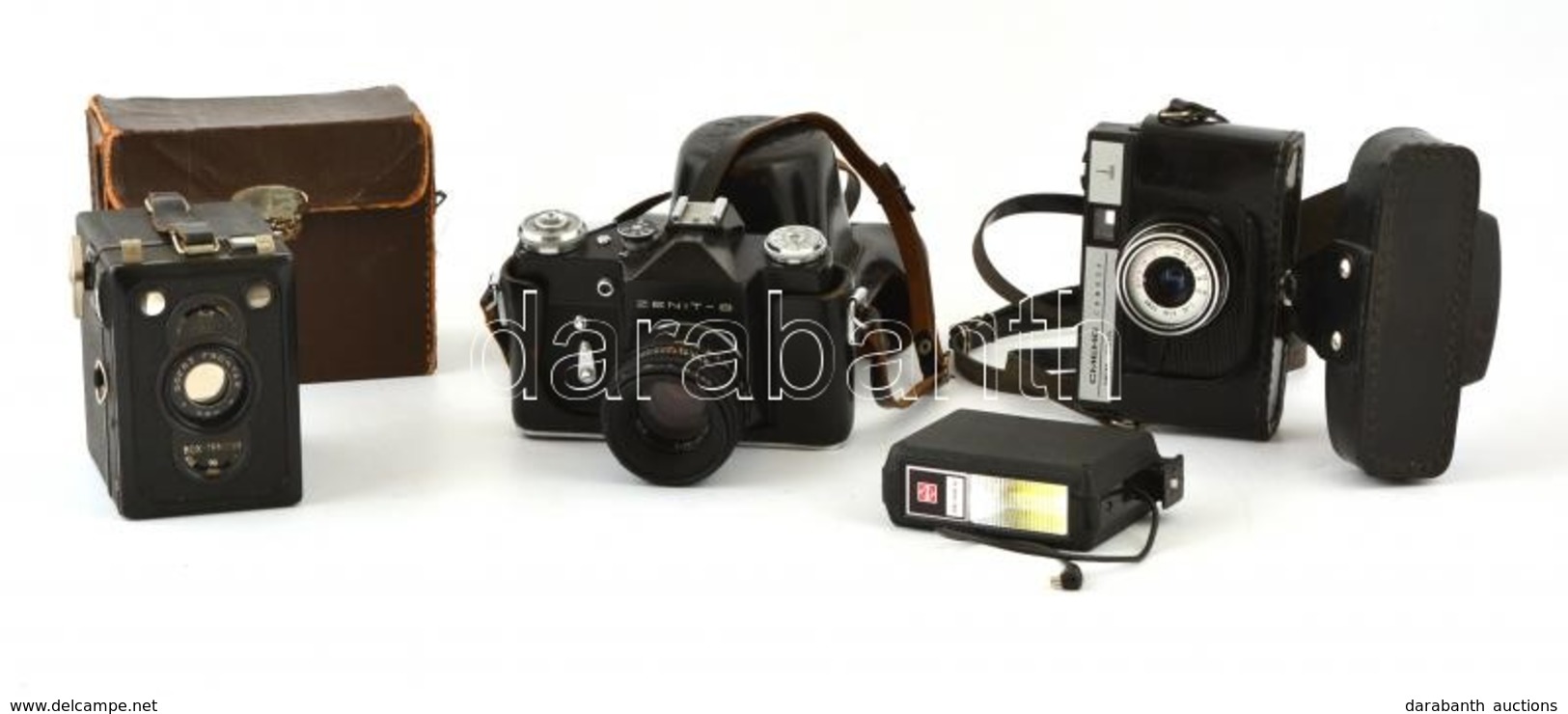 3 Kamera: Zenit-B Fényképezőgép, Helios 44-2 2/58 Objektívvel Tokjában, Hozzá National PE182S Vaju, Smena Symbol Fénykép - Fotoapparate