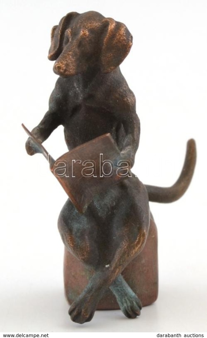 Olvasó Kutya, Bronz Figura, Jelzett, M: 4,5 Cm - Other & Unclassified