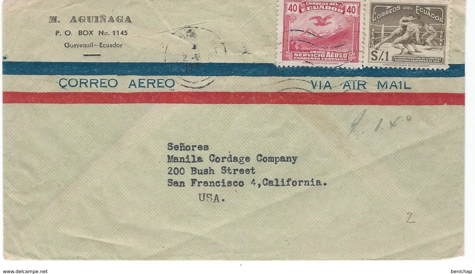 COVER CORREO AERO - VIA AIR MAIL - GUAYAQUIL - SAN FRANSISCO - CALIFORNIA. - Equateur