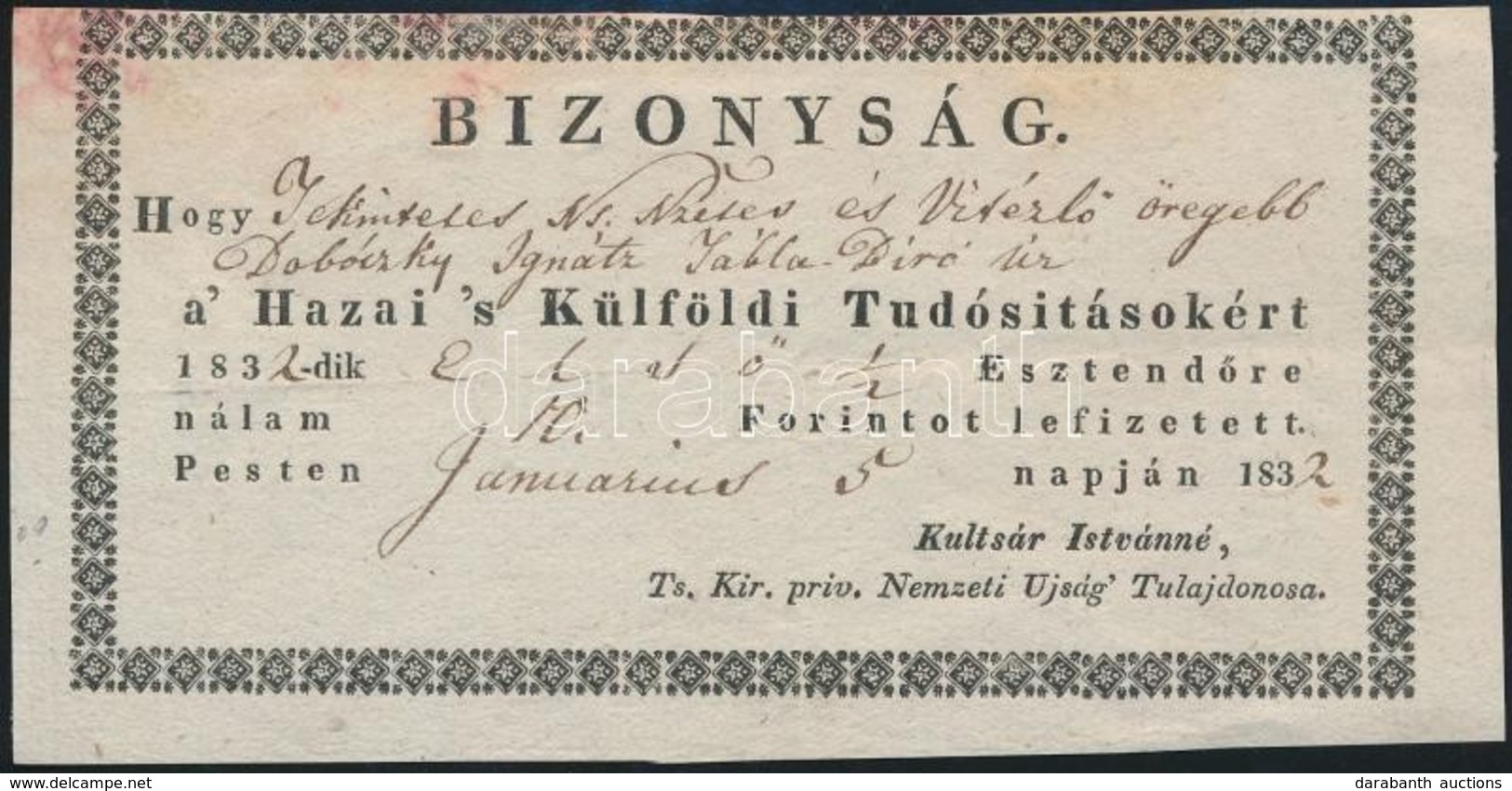 1832 Bizonyság Befizetésről A Nemzeti Újság Számára 16x9 Cm - Ohne Zuordnung