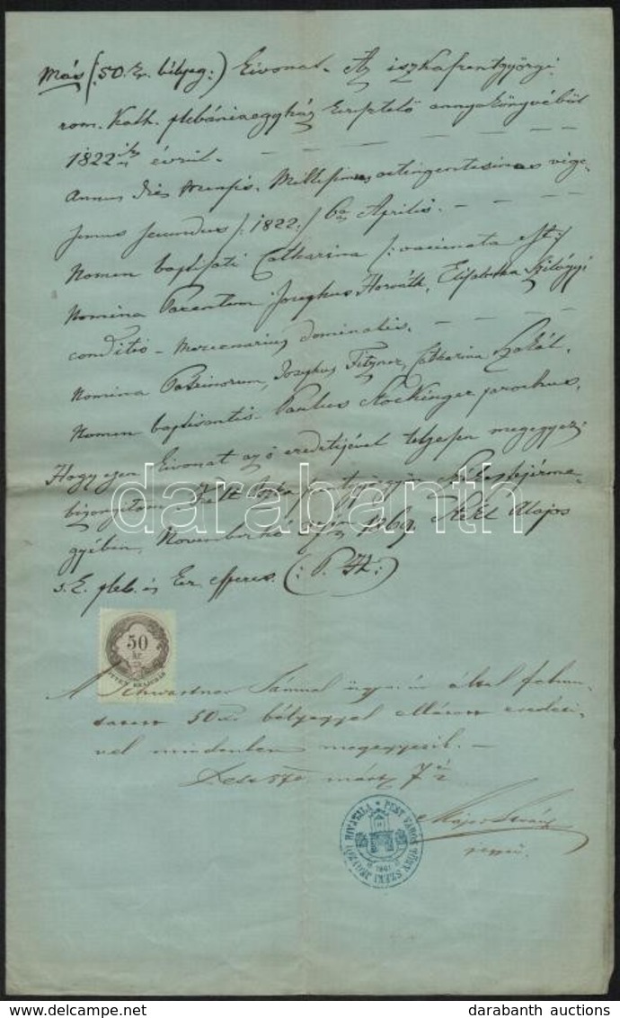 1869 Pest Város Törvényszéki Jegyzője által Aláírt Okmány, 50 Kr Okmánybélyeggel - Ohne Zuordnung