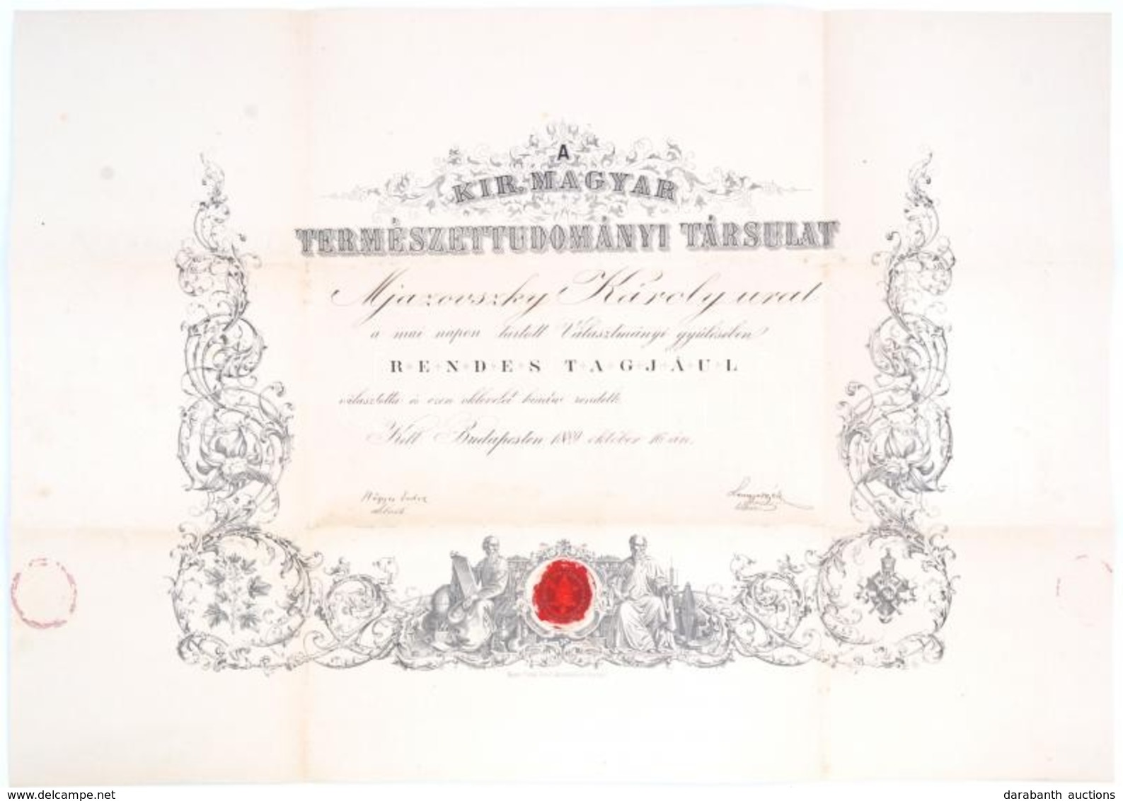 1889 A M. Kir Természettudományi Társulat Oklevele Mjazovszky Károly (1836-1909) Részére, Borítékkal 70x50 Cm - Ohne Zuordnung