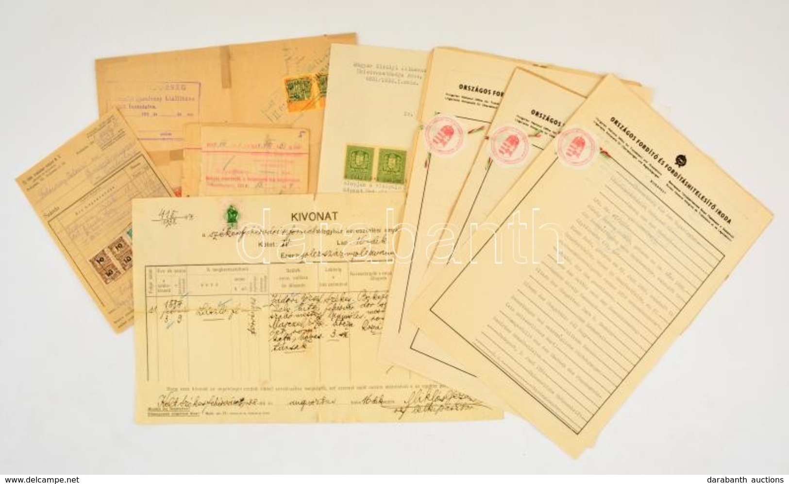 1897-1954 10 Db Anyakönyvi Kivonat Fordításokkal, Ellenörző Jegy, Tulajdoni Lap, Illetékbélyegekkel - Ohne Zuordnung