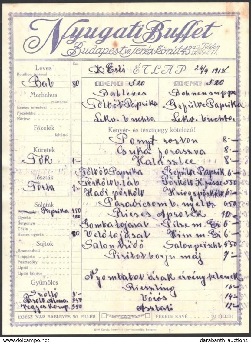 1918 Bp. VI., A Nyugati Buffet étlapja, Részben Kézzel írva - Unclassified