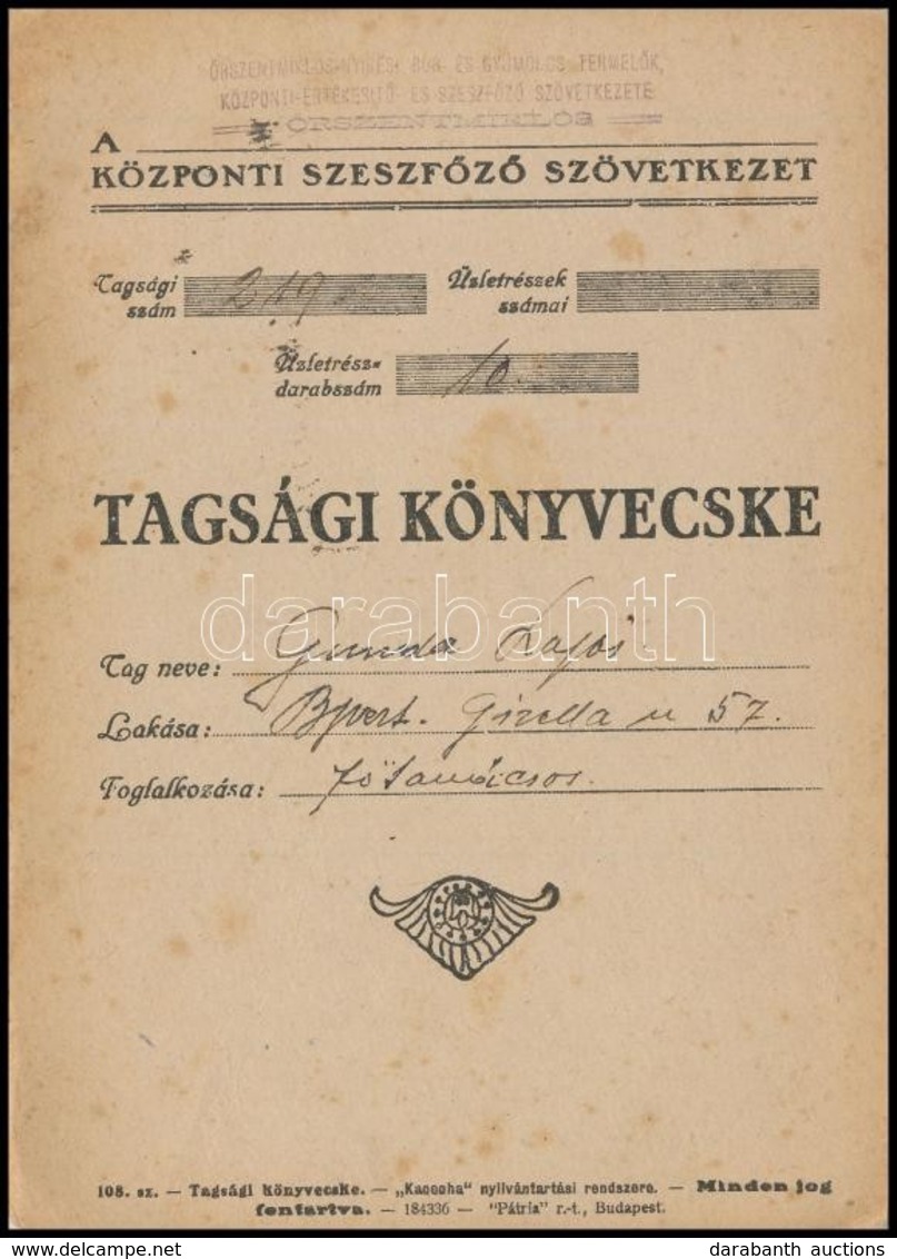 1920 Szeszfőző Szövetkezet Tagsági Könyvecske - Unclassified