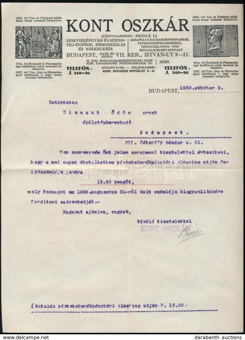 1930 Bp., Kont Oszkár Szikvízgépgyár és Szifonfejöntöde Stb. üzemének Fejléces Levélpapírjára írt Levél Borítékkal - Unclassified