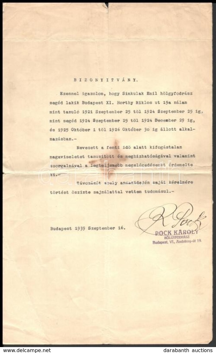 1939 Bp., Munkáltatói Igazolás Hölgyfodrász Számára - Unclassified