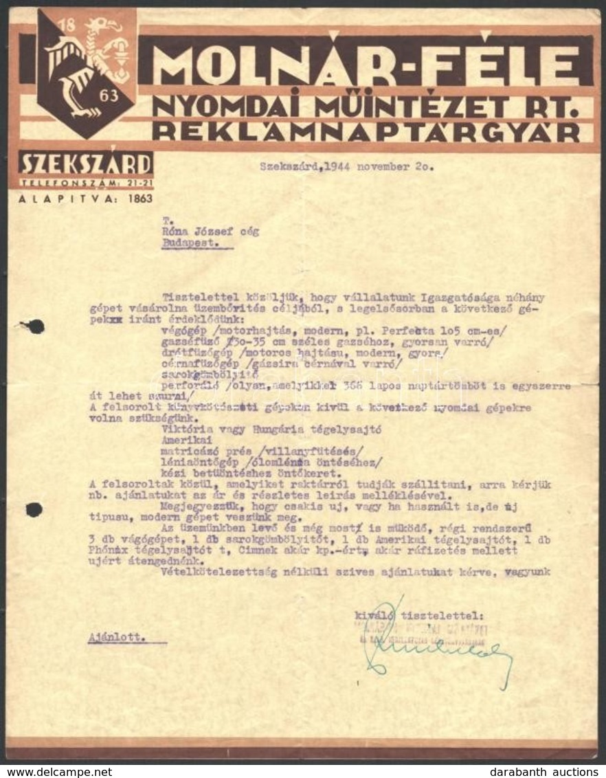 1944 Szekszárd, Molnár-féle Nyomdai Műintézet Rt. Reklámnaptárgyár Fejléces Levélpapírjára írt Levél - Unclassified