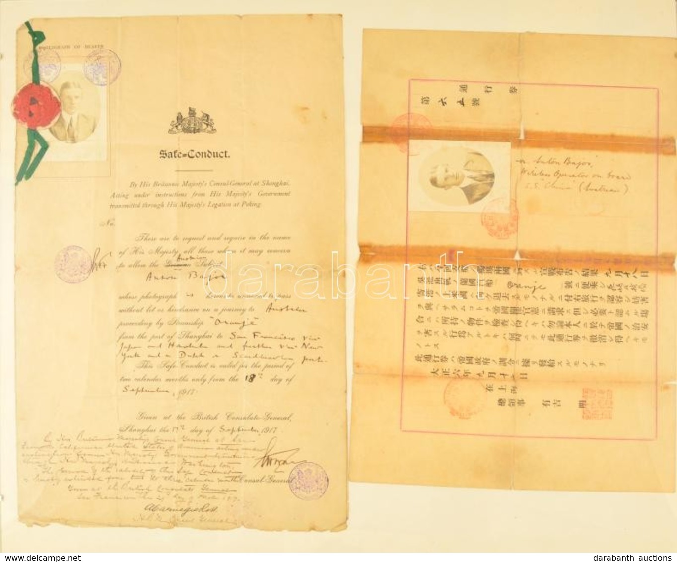 1917 Az S.M.S. China Hajótisztje, Bajor Antal Részére Kiállított Kínai útlevés és Brit Utazási Engedély, Hogy Shanghaibó - Unclassified
