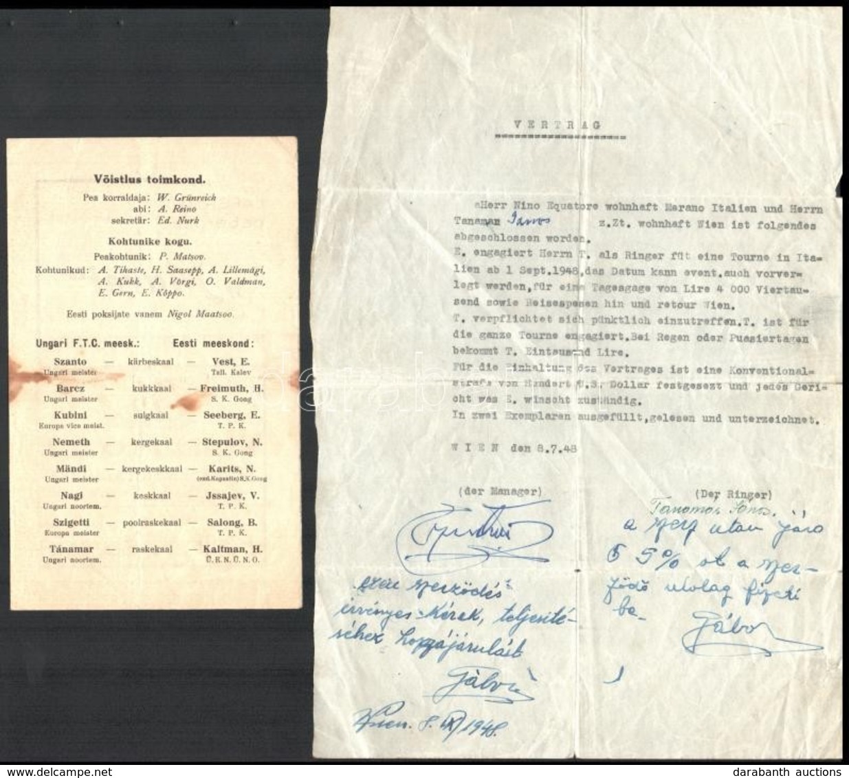 Cca 1937-1948 Tanamár János Bokszoló Német Nyelvű Szerződése + 2 Db Nyomtatvány - Ohne Zuordnung